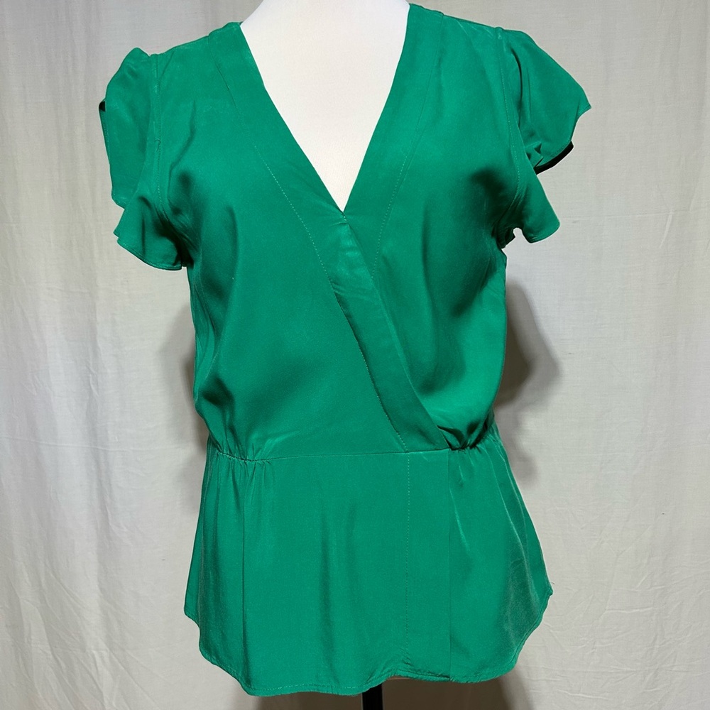 J by J. Crew V-Neck  Green Flutter Sleeve Faux Wrap Top